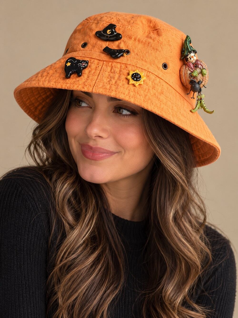 Vintage Two City Girls Orange Halloween Bucket Hat Witch Cat Pins One Size